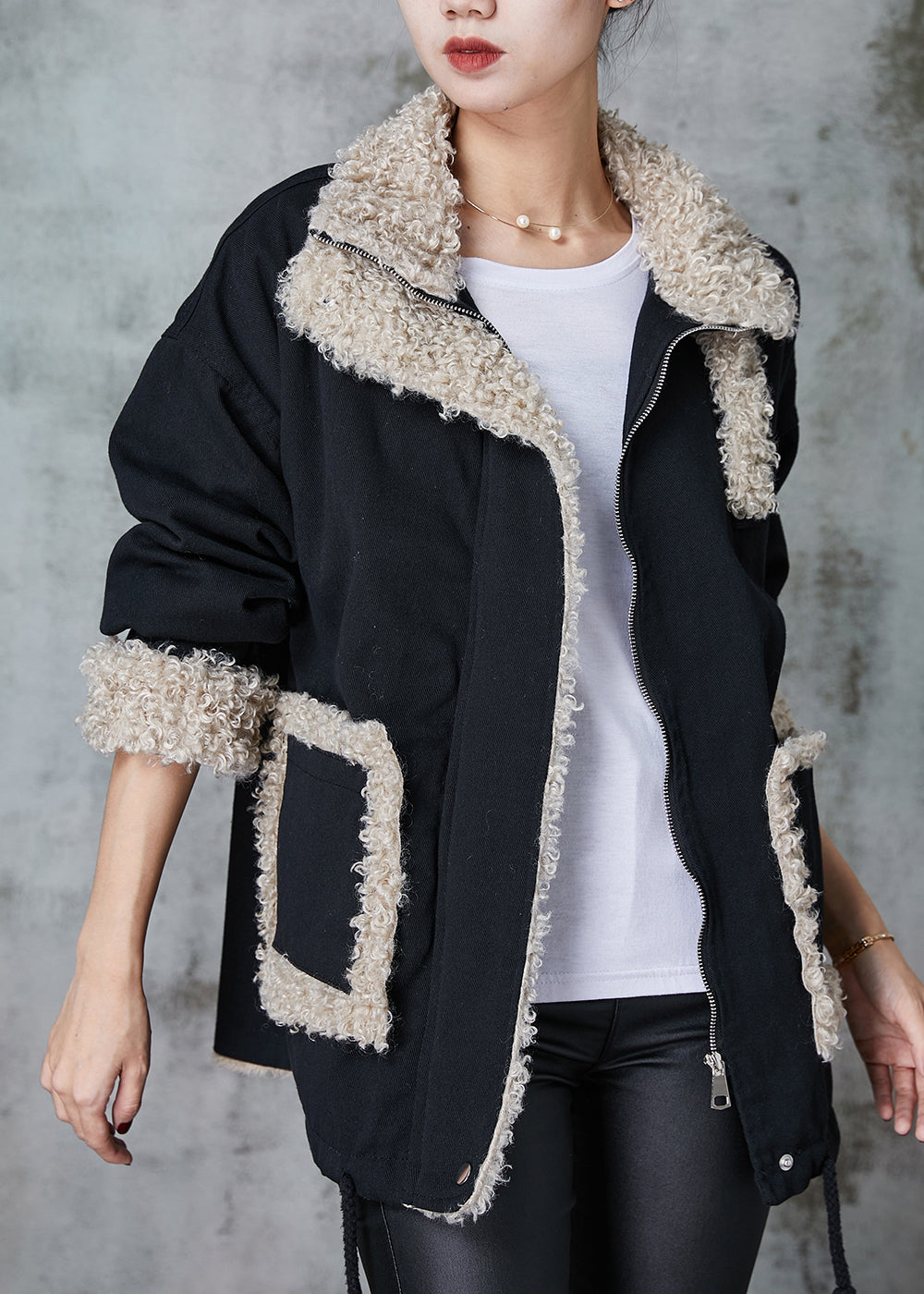 VCSHOES Loose Black Oversized Patchwork Fleece Wool Lined Coat Winter