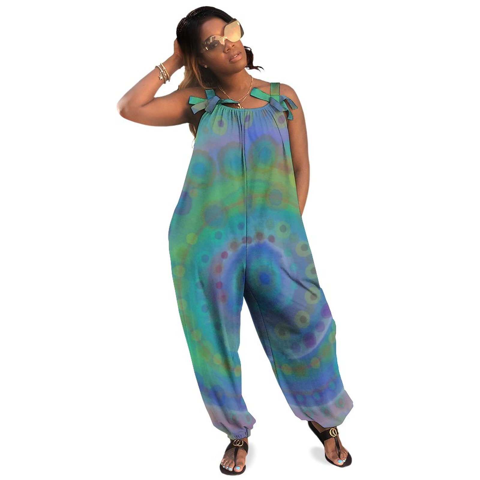 Blue Swirl Inspirivity Plus Size Women Rompers Summer Casual Loose Overalls Playsuit Mesh Long Length Pockets Polyester Spandex