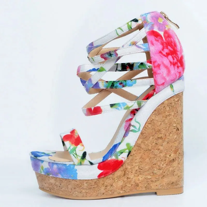 VCSHOES High Platform Bright Floral Wedge Heels Sandals Women Cross Strap Bohemia Sandals Peep Toe Beach Vacation Shoes