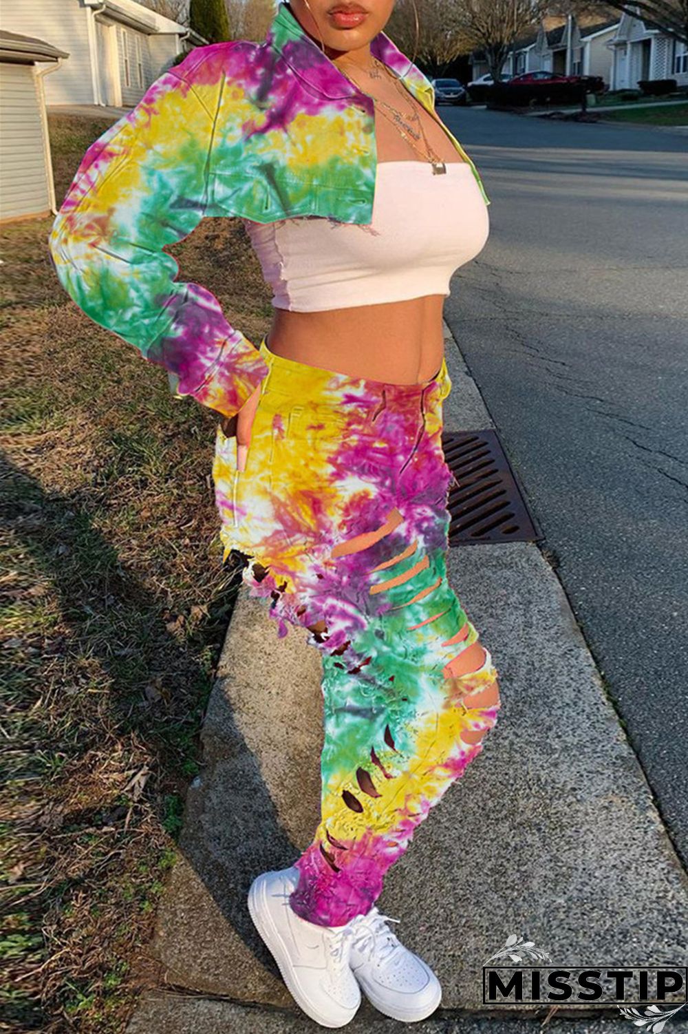 Deep Blue Casual Tie Dye Ripped Turndown Collar Long Sleeve Two Pieces