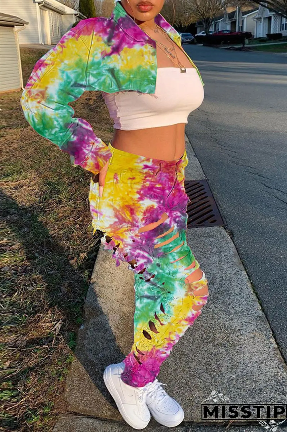 Deep Blue Casual Tie Dye Ripped Turndown Collar Long Sleeve Two Pieces