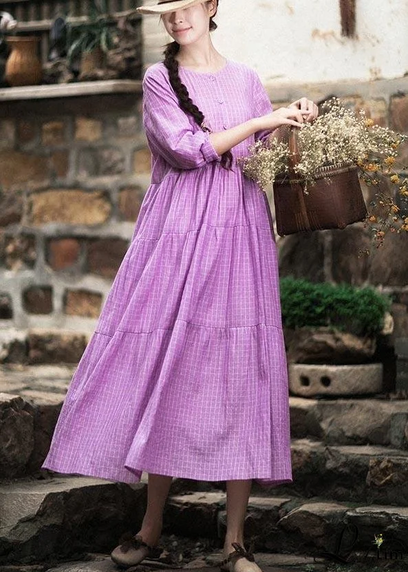 French Purple Plaid Clothes O Neck Patchwork Maxi Spring Dresses