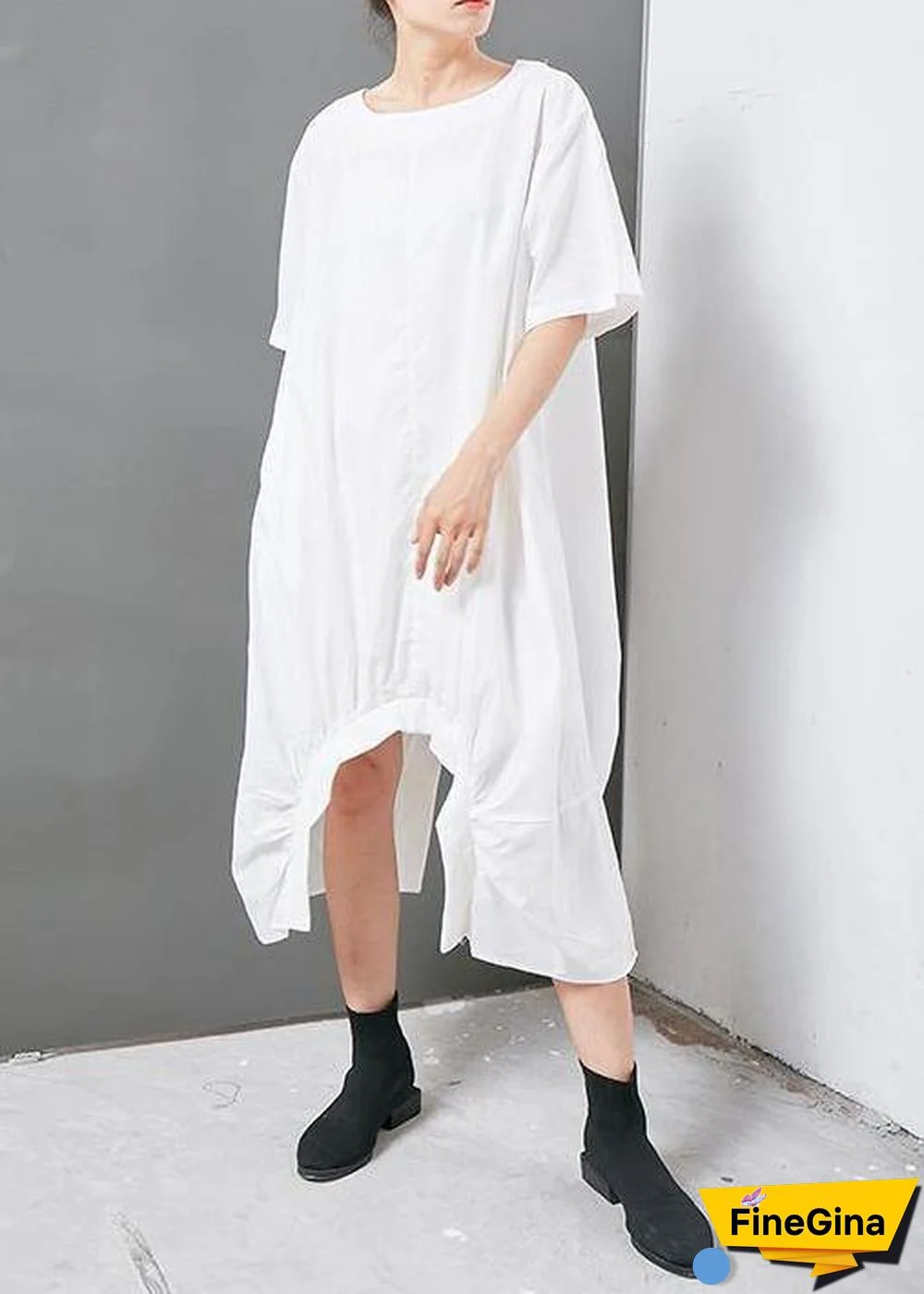 French cotton clothes fine Irregular Solid Cotton Short Sleeve Dress