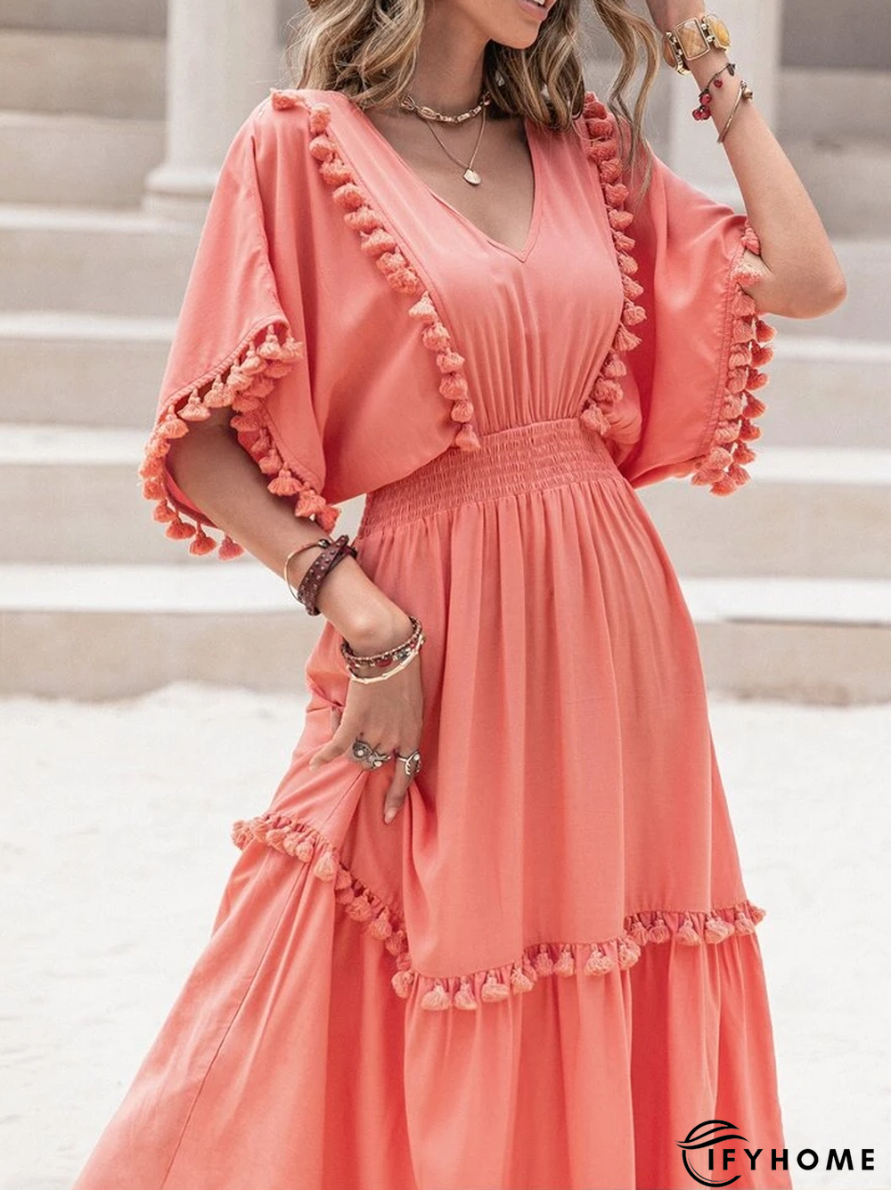 Plain Vacation V Neck Regular Fit Dress | IFYHOME