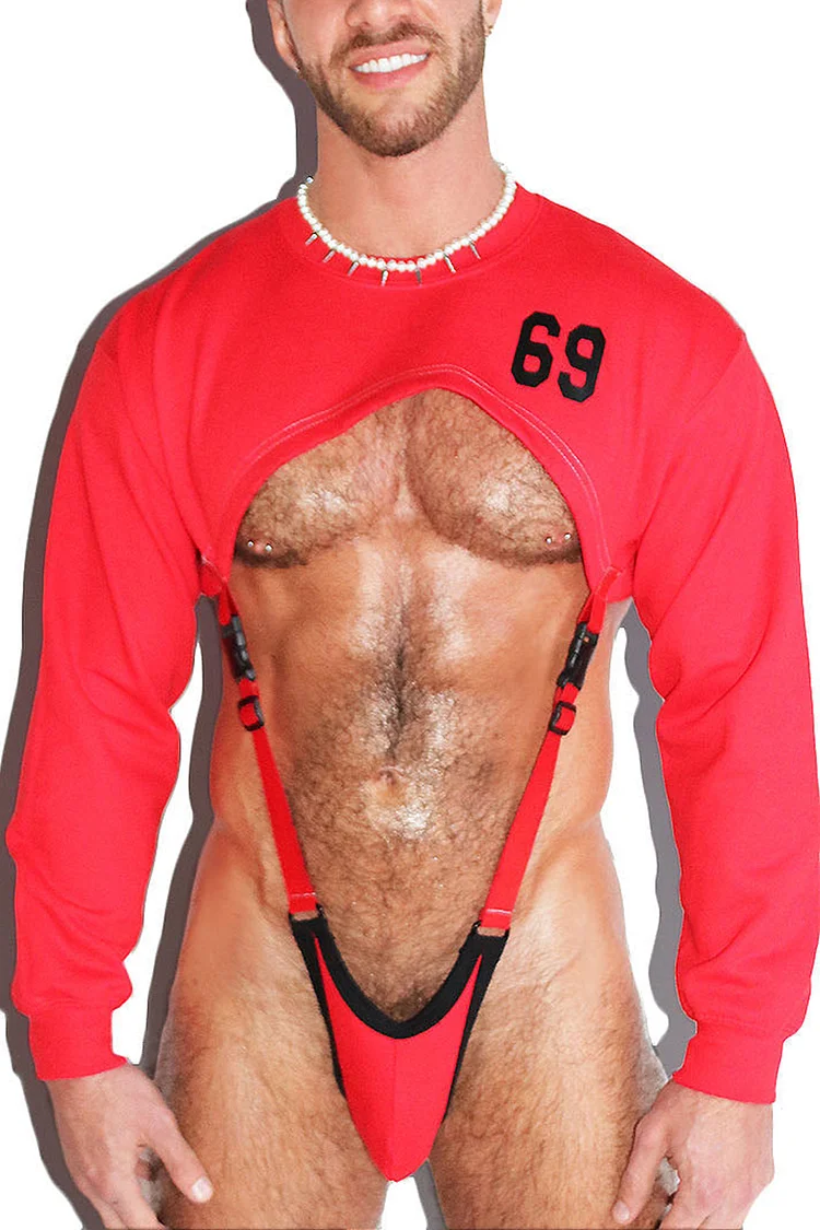 Ciciful 69 Print Sweatshirt Strap Red Thong Bodysuit