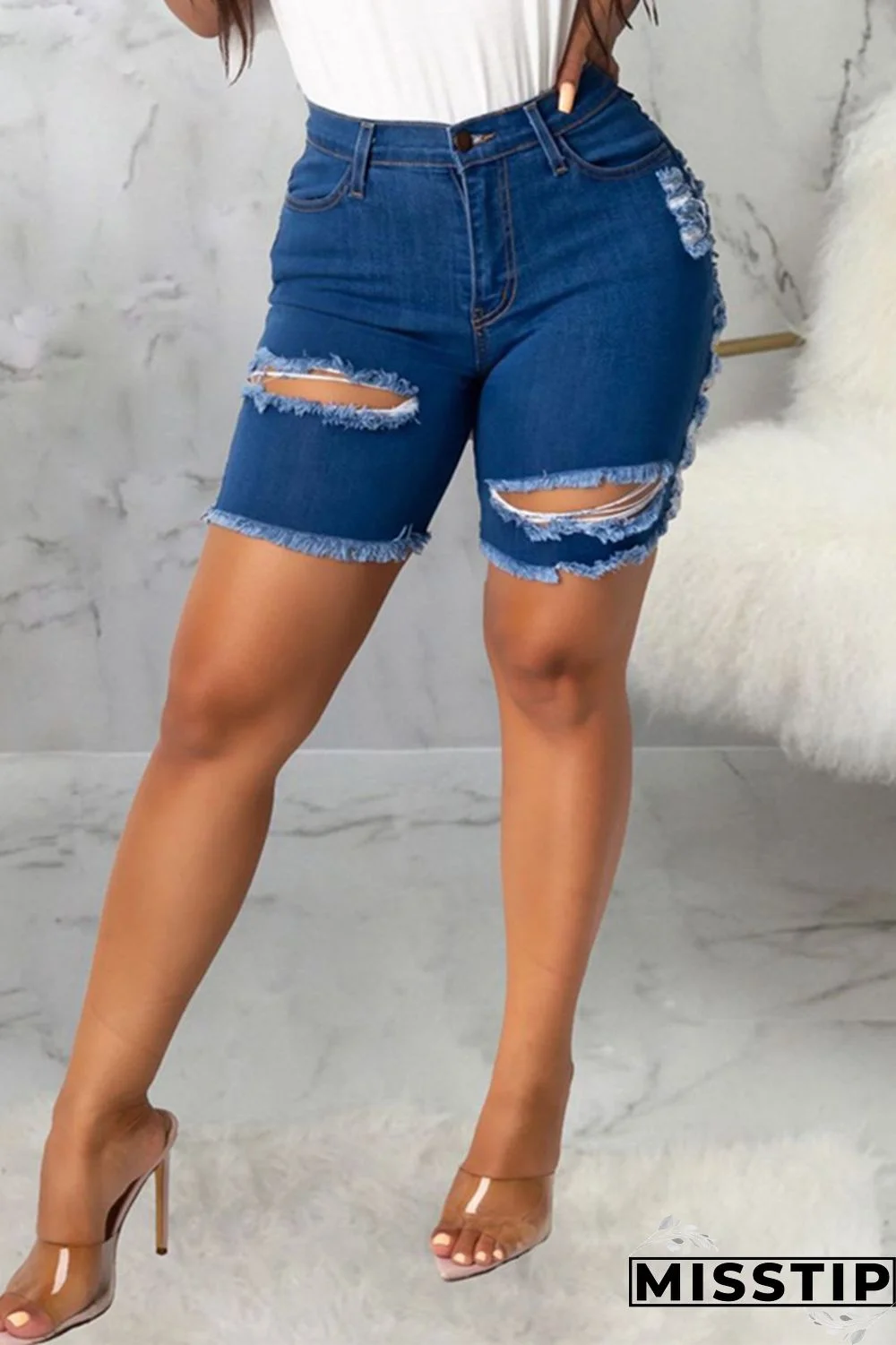 Dark Blue Fashion Sexy Solid Ripped High Waist Straight Jeans