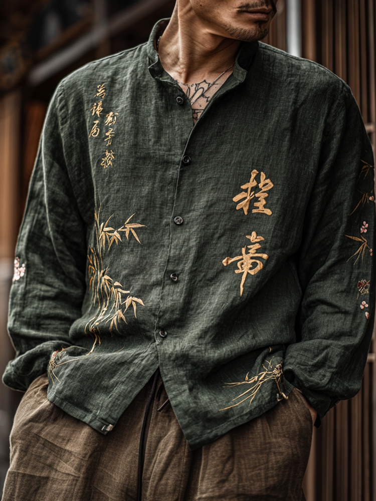 Japanese Art Retro Linen Long Sleeve Shirt  artssus