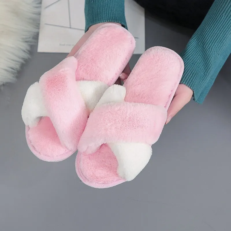 Newest Mixed Colors Fluffy Slippers Autumn Winter Home Slippers Women Furry Fur Slides Outdoor Women's Sandals 2021 Flip Flops