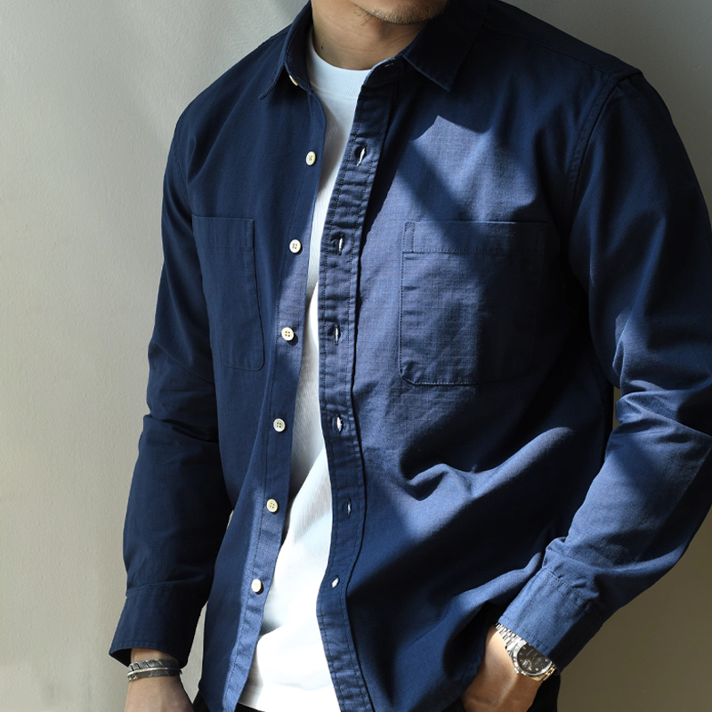 Vintage Navy Casual Workwear Long Sleeve Shirt