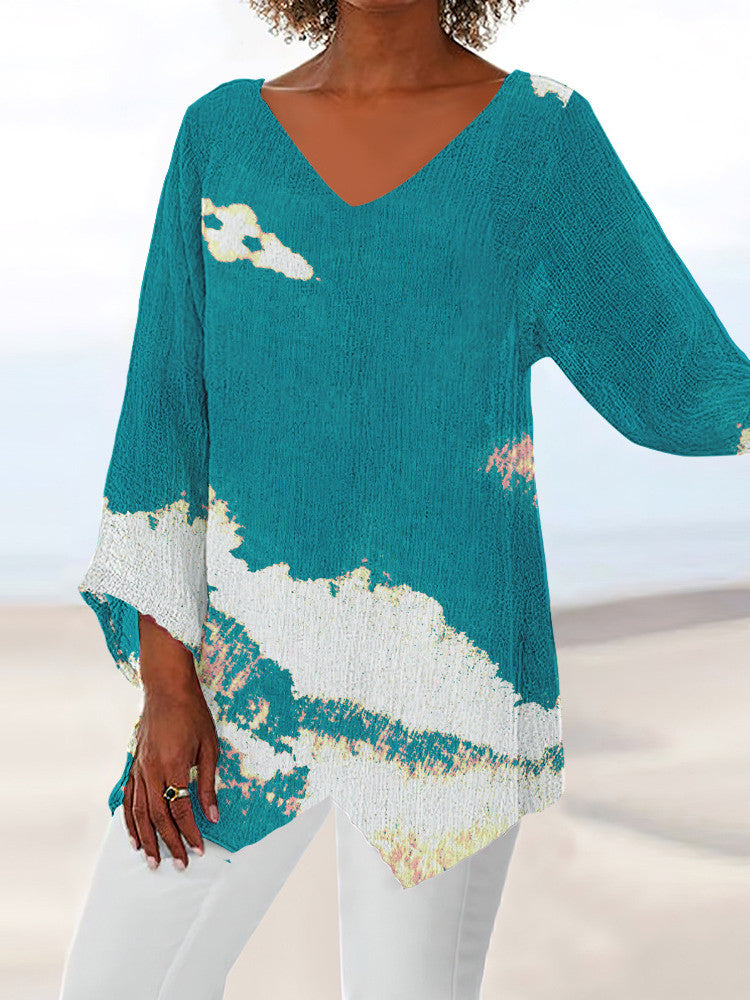 Women Long Sleeve V-neck Graphic Floral Printed Top