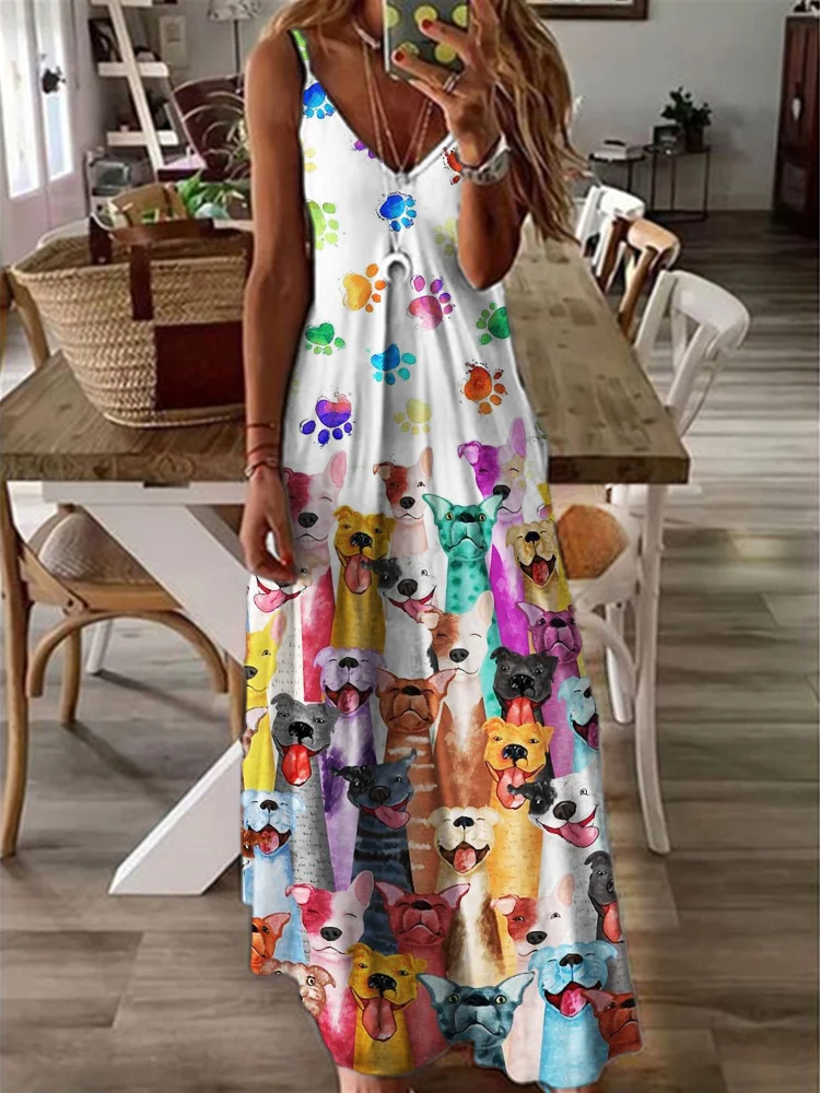 Colorful Dogs & Paw Prints V Neck Cami Maxi Dress