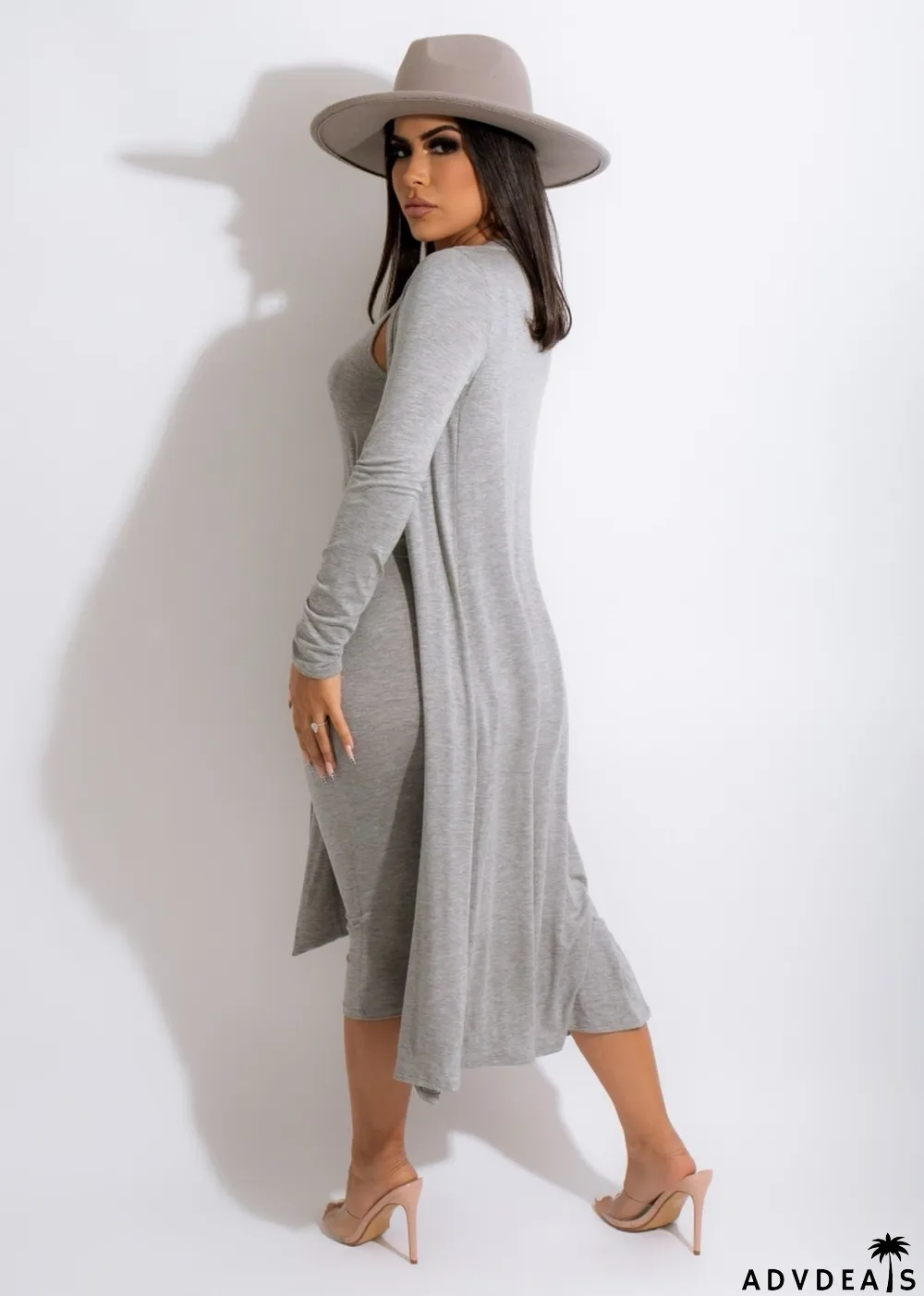 Winter Sexy Grey Round Neck Sleeveless With Belt Dress And Long Coat Two Piece Set