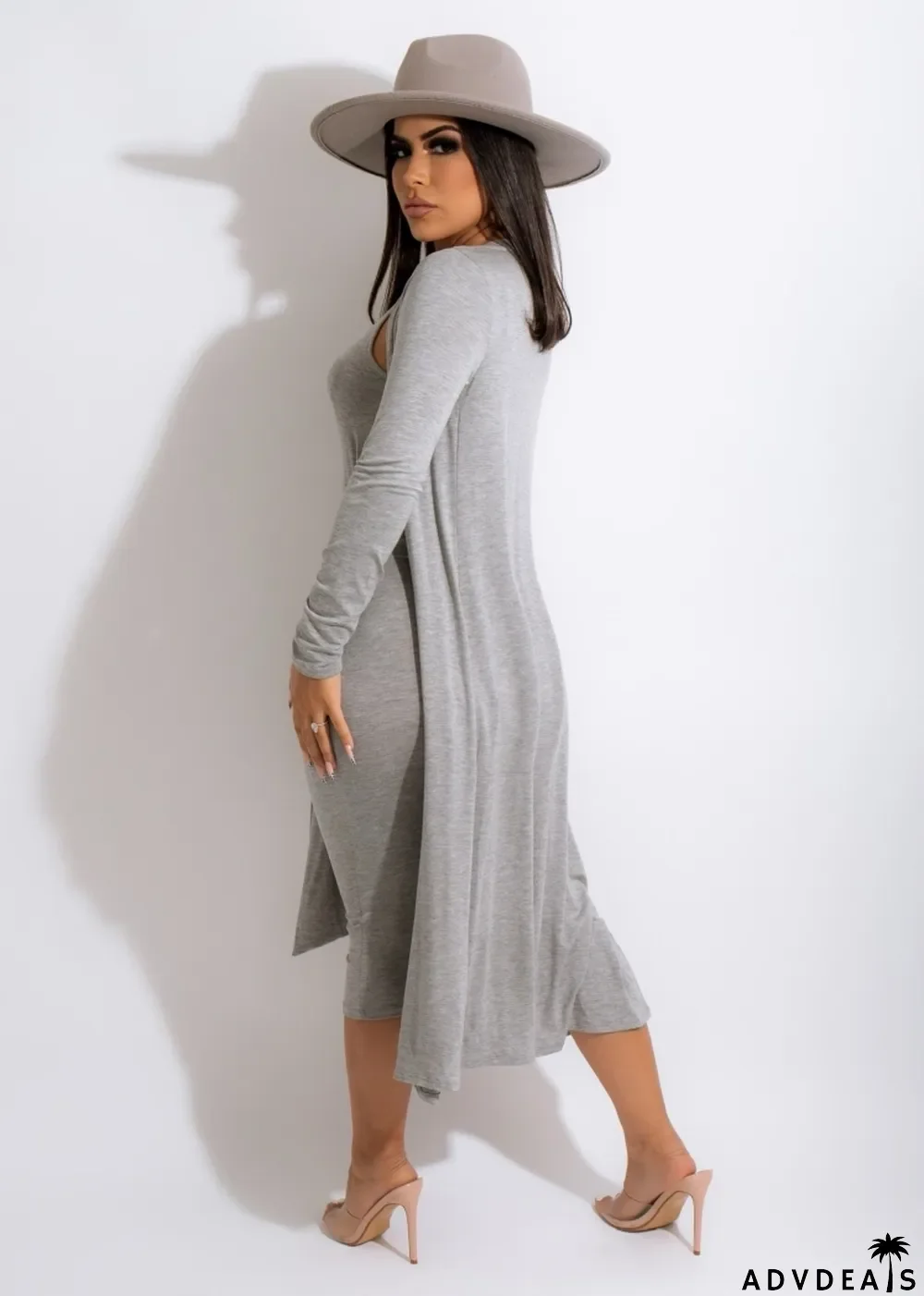 Winter Sexy Grey Round Neck Sleeveless With Belt Dress And Long Coat Two Piece Set