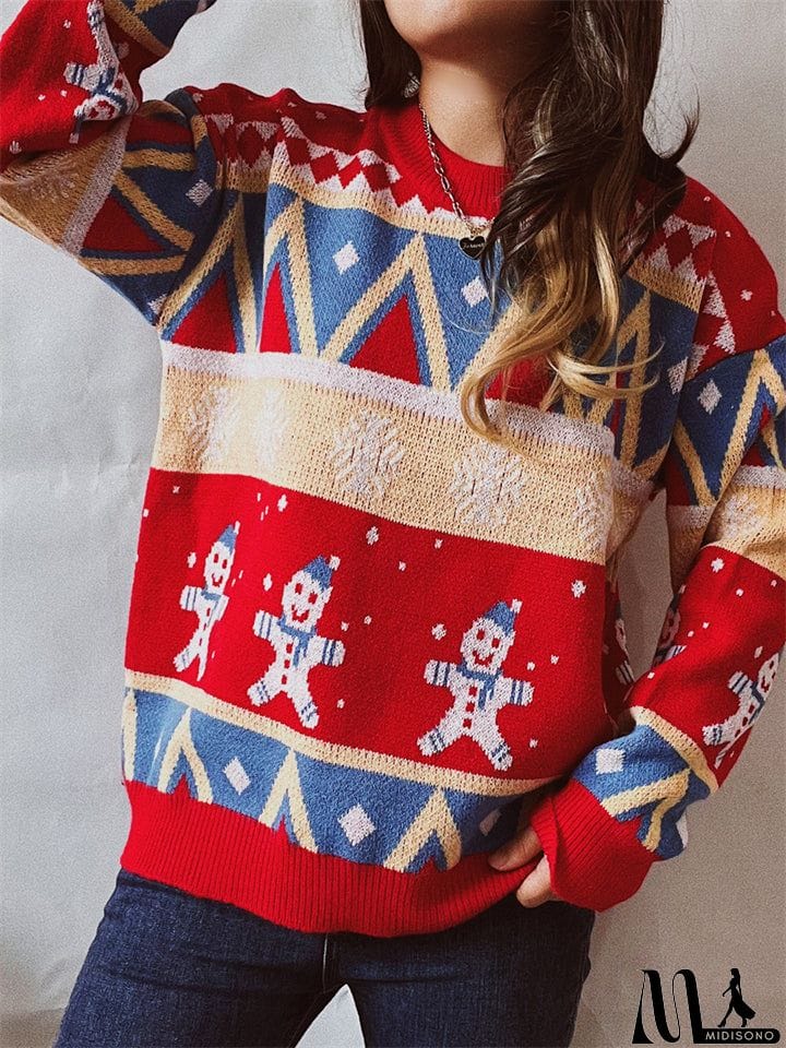 MidiSono - Winter Christmas Style Lovely Cartoon Snowman Print Pullover Wool Sweater for Women