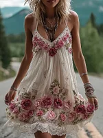 Vintage Boho Pink Rose Embroidery Art Cozy Linen Mini Dress