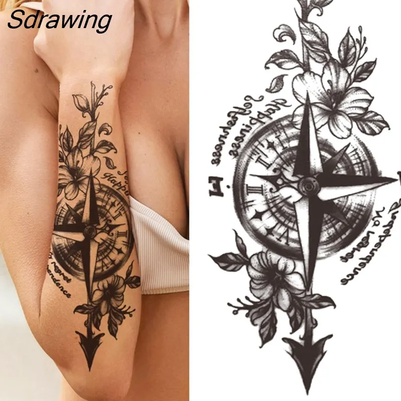 Sdrawing Fake Peony Temporary Tattoos For Women Girl Black Rose Elephant Flower Tattoo Sticker Tiger Anemone Tatoos Half Sleeve 1020-0