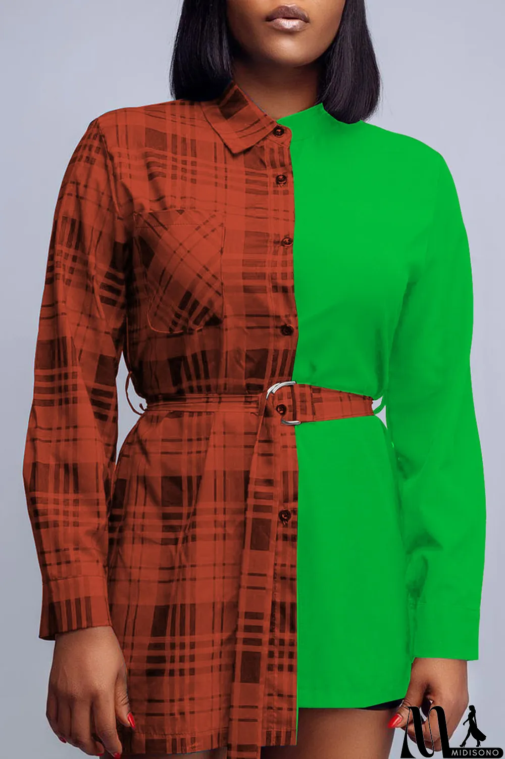 MidiSono - Yellow Casual Plaid Print Split Joint Buckle With Belt Turndown Collar Tops