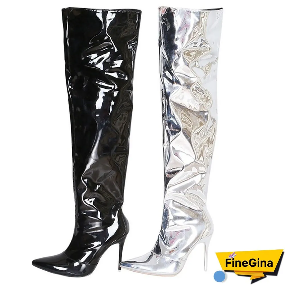 High Quality Women Fine Leather High-heeled Knee with Side Zipper Sexy Over The Heels