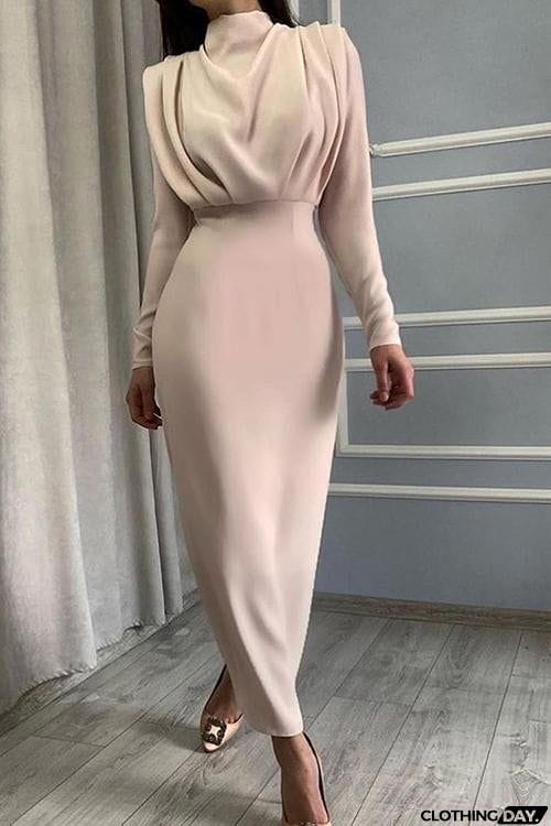 High Collar Empire Waist Long Sleeve Dress