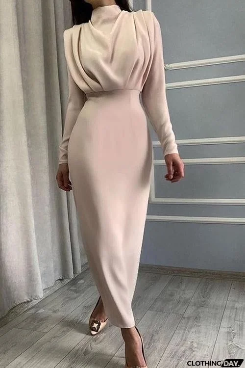 High Collar Empire Waist Long Sleeve Dress