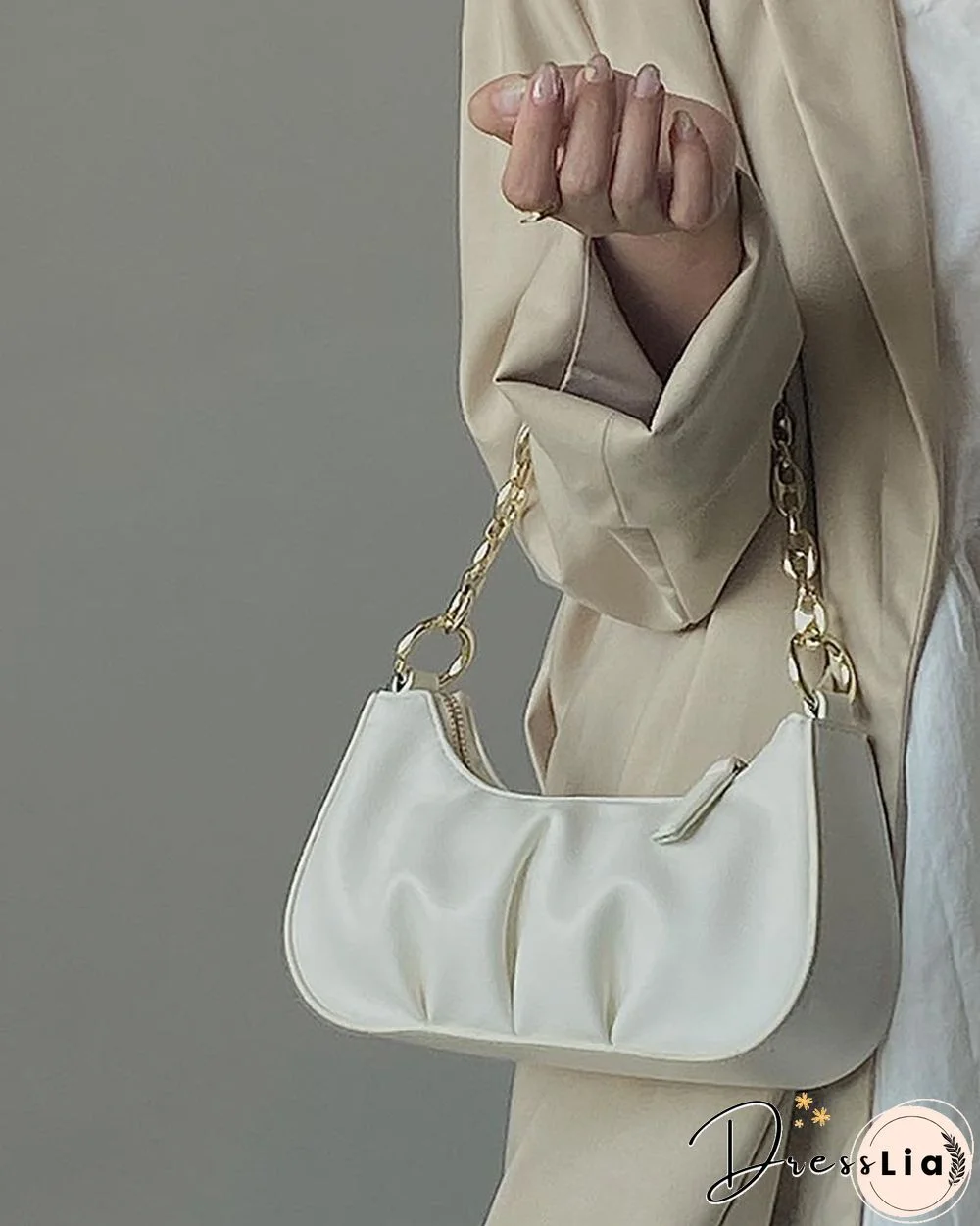 Chain Decor Ruched Baguette Bag