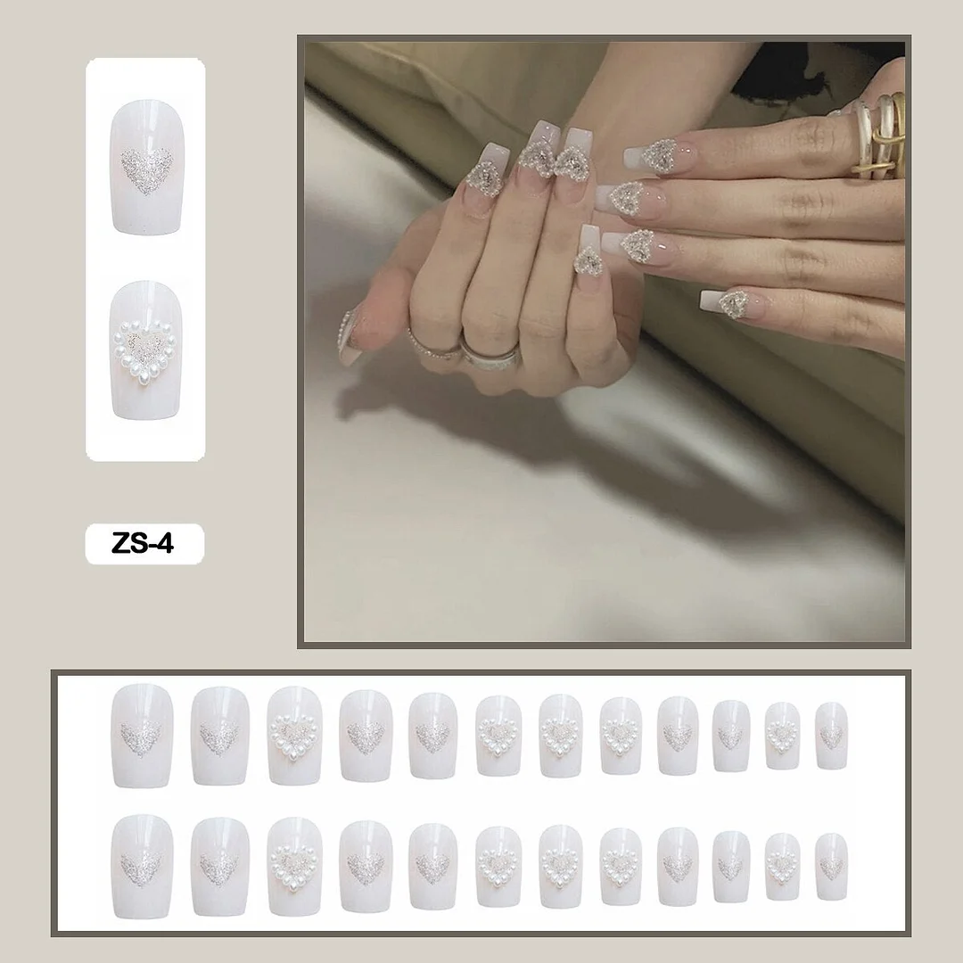 24PCS False Nails with Glue Rhinestones Long Trapezoid Detachable Pearl Stick on Nails Press on Nails Art With Wearing Tools-Nail Inspo
