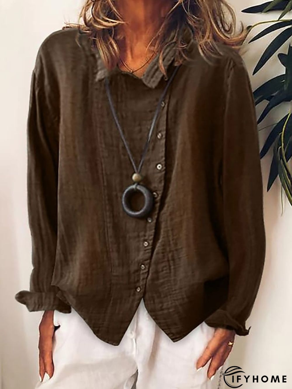 Women's Shirt Blouse White Yellow Blue Plain Button Long Sleeve Daily Weekend Casual Shirt Collar Regular Linen S | IFYHOME