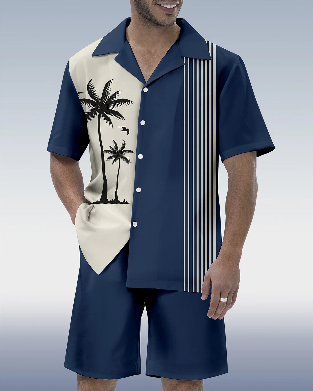 Men's Hawaiian Tiki Party Print Cuban Collar Short Sleeve Shirt Set 03