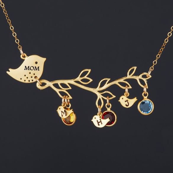 Personalized 1 To 10 Birds on Branch Family Initial Necklace