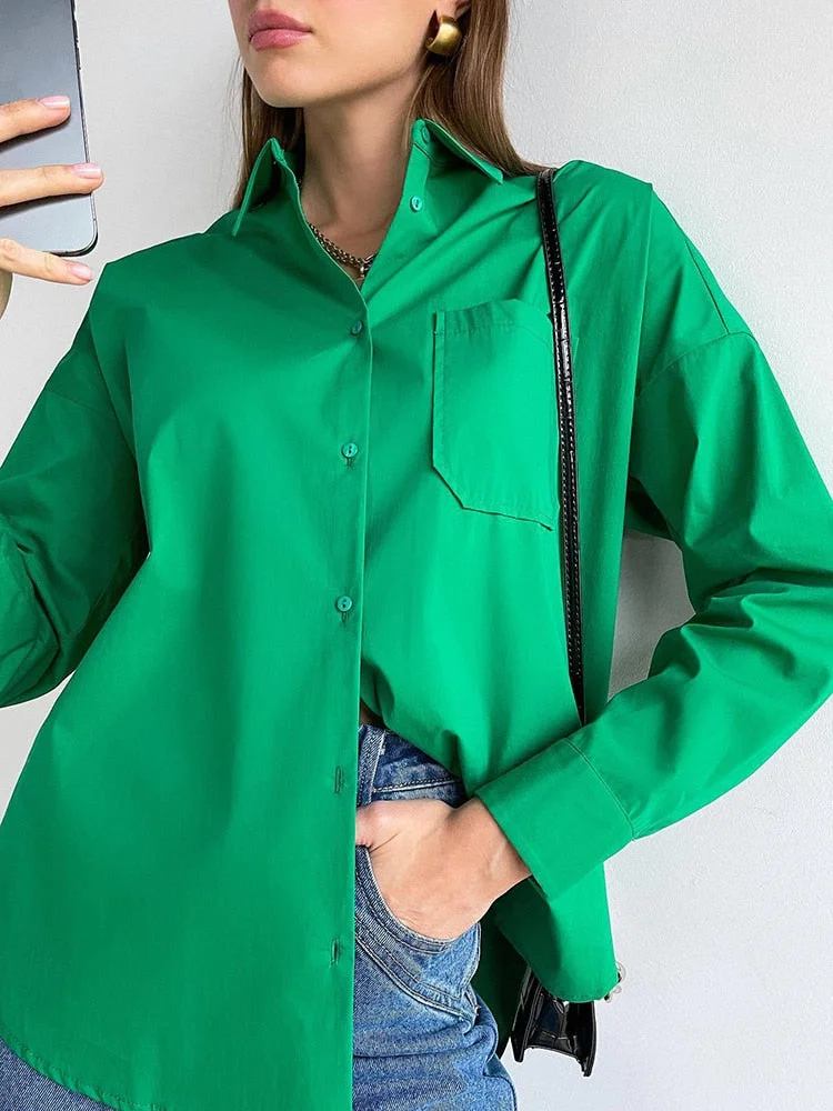 Back to school  Casual Klein Blue Shirt Spring Summer Long Sleeve Cotton Blouse Office Lady Elegant Solid Loose Tops Oversize Green Blusa Tunic