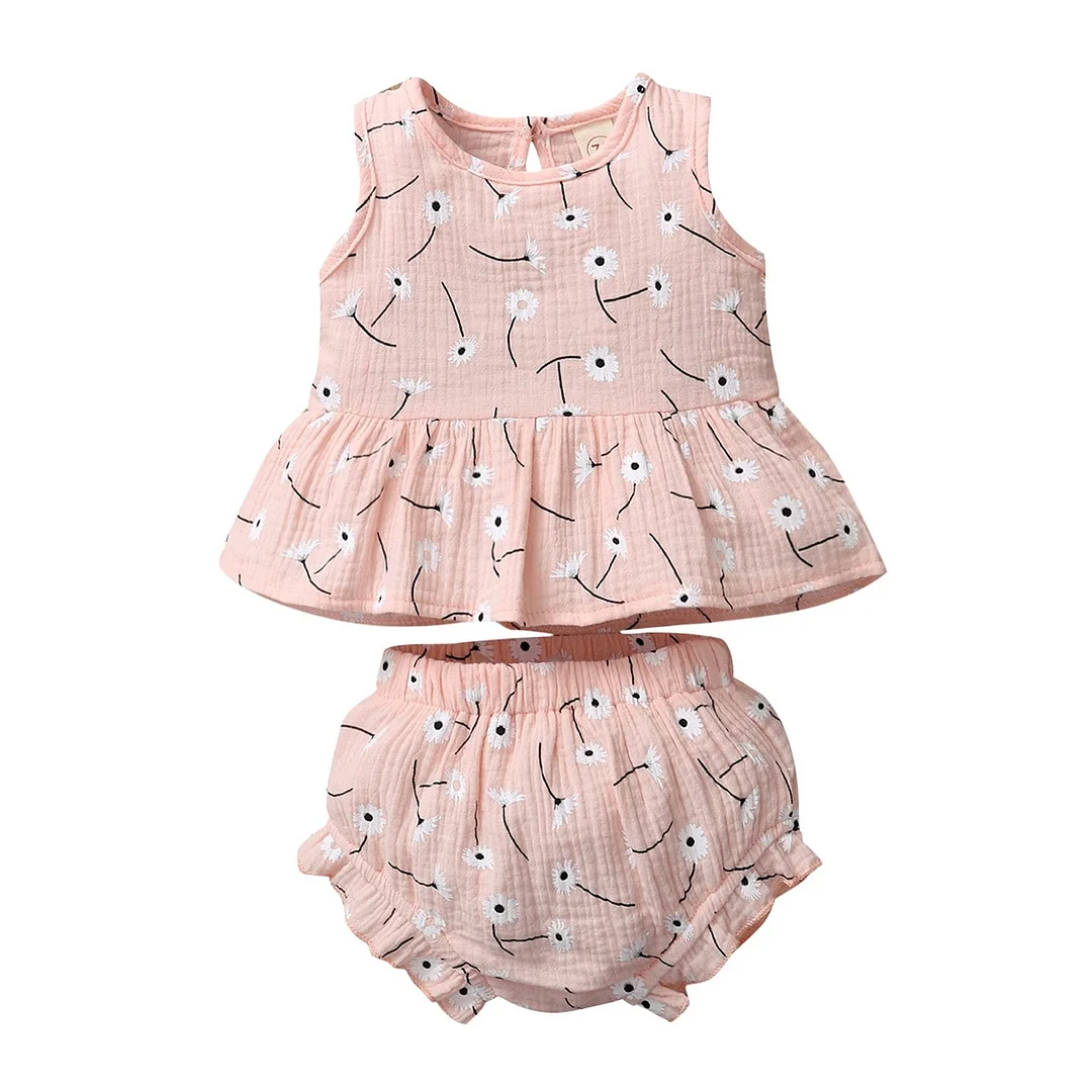 Infant Newborn Baby Girls Vest Shorts Cotton Linen Suit Fresh Daisy/Sun Printed Sleeveless Tops Triangle Short Pants 2Pcs Outfit