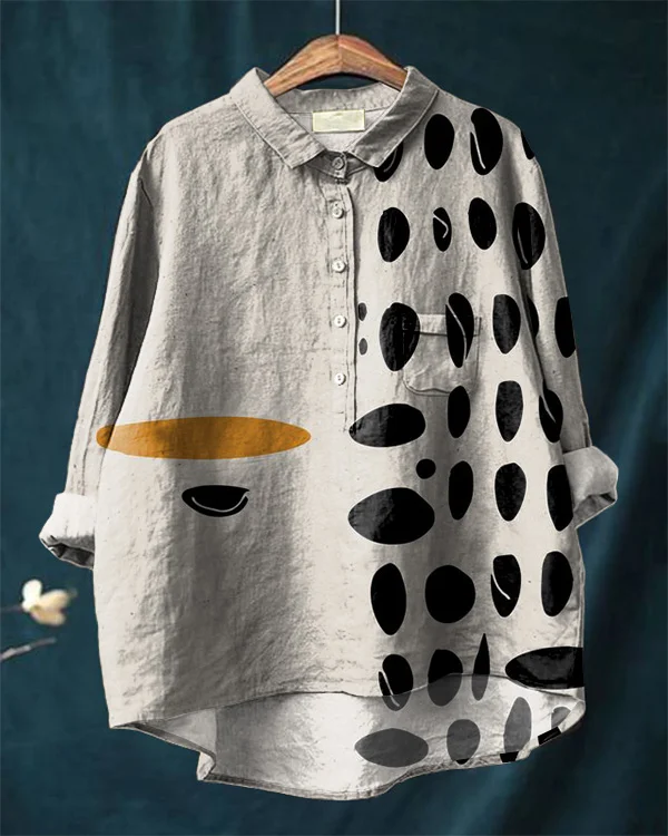 Vintage Abstract Art Print Cotton and Linen Casual Shirt