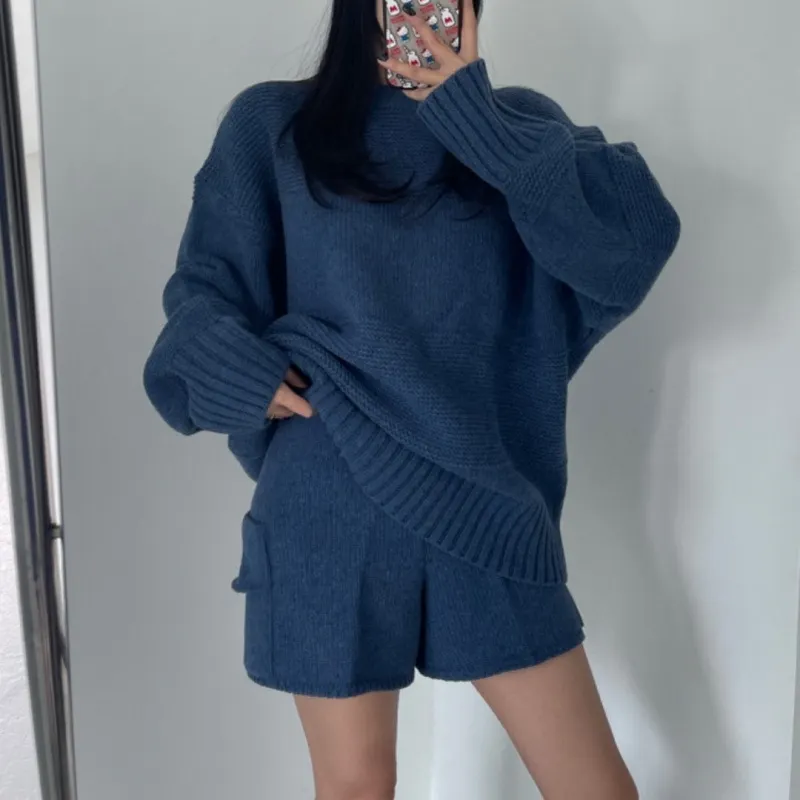 Uveng Uveng Korea Dongdaemun 2024 New Autumn Dress Lazy Wind Solid Color Collar Loose Collar Sweater Pocket Knitted Shorts