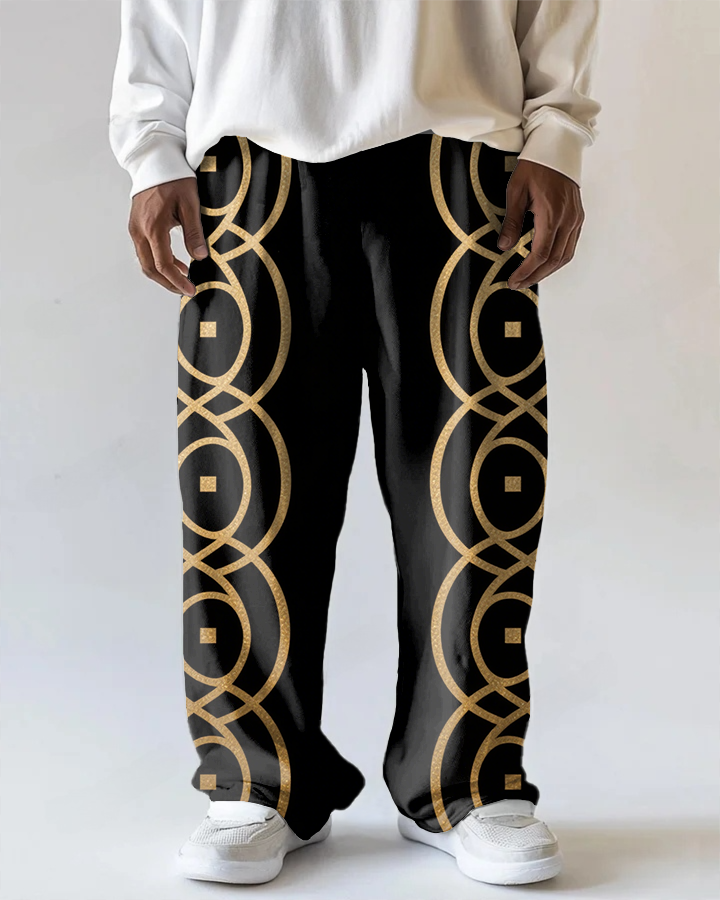 Big Men's Vintage Simple Geometric Printed Loose Casual Pants with Pocket