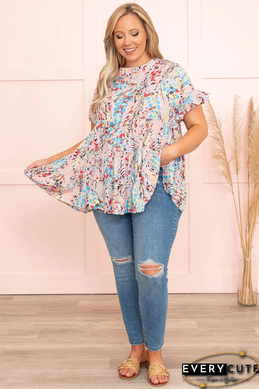 Pink Floral Print Tiered Ruffled Plus Size Blouse
