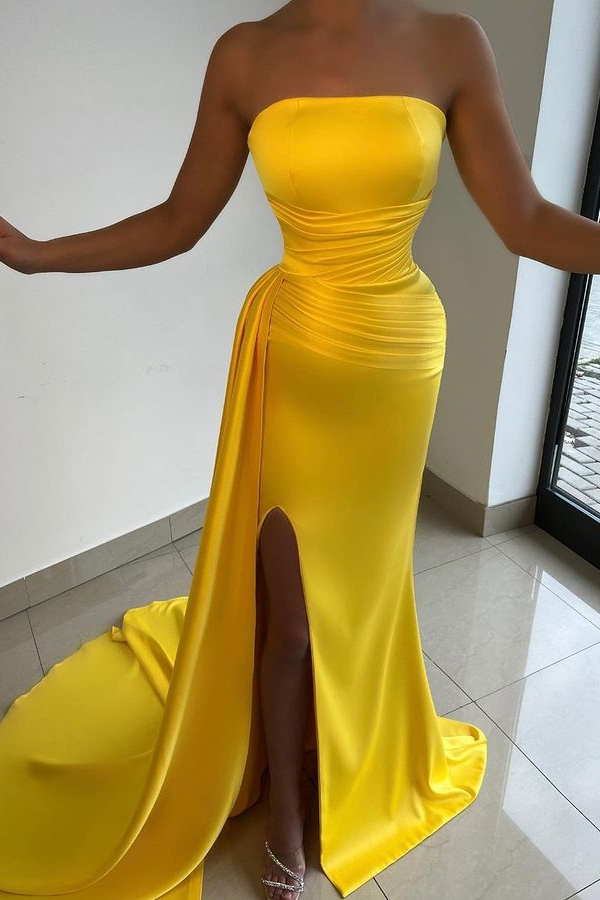 Bellasprom Yellow Strapless Prom Dress Mermaid Long Split Holiday Dresses Bellasprom