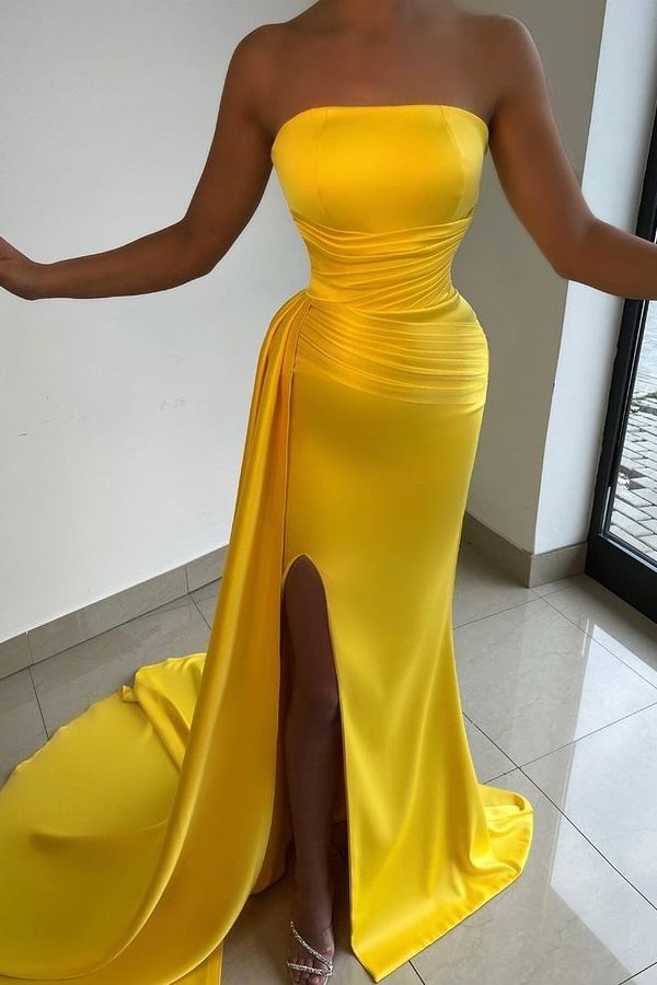 Stunning Yellow Strapless Front Slit Evening Dress Mermaid | Ballbellas Ballbellas