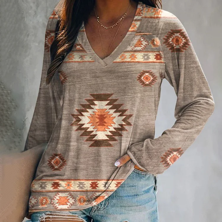 Vefave Western Print V-Neck Long Sleeve Casual T-Shirt