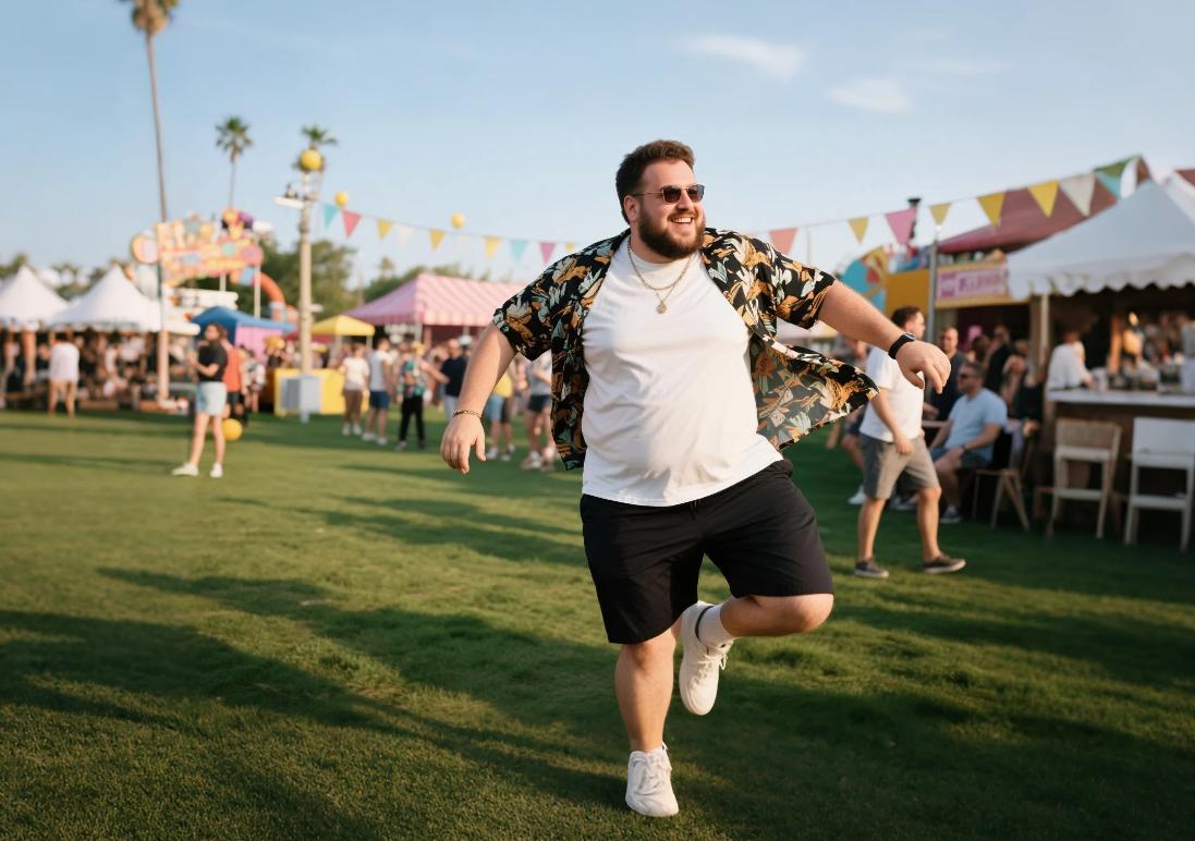 an open-button Hawaiian shirt with casual shorts