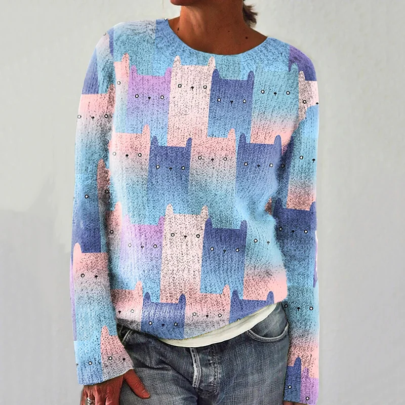 Funny Cute Cat Print Casual Knit Pullover Sweater