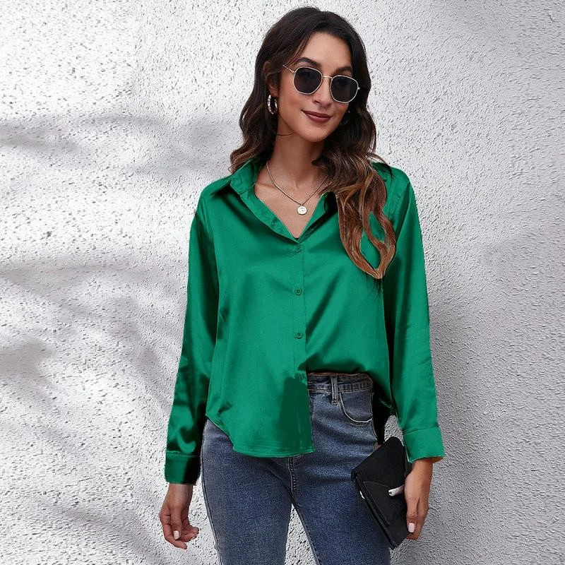 Jangj Solid Long Sleeve Satin Blouse Women Turn-down Collar Single Breasted Casual Shirts Summer Women Plain Blouse Tops