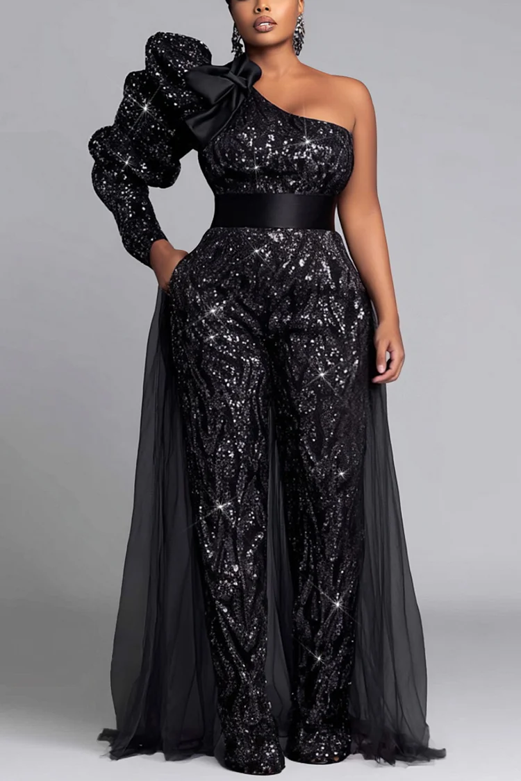 Xpluswear Design Plus Size Formal Black One Shoulder Long Sleeve Peplum Elegant Pocket Sequin Jumpsuits [Pre-Order]