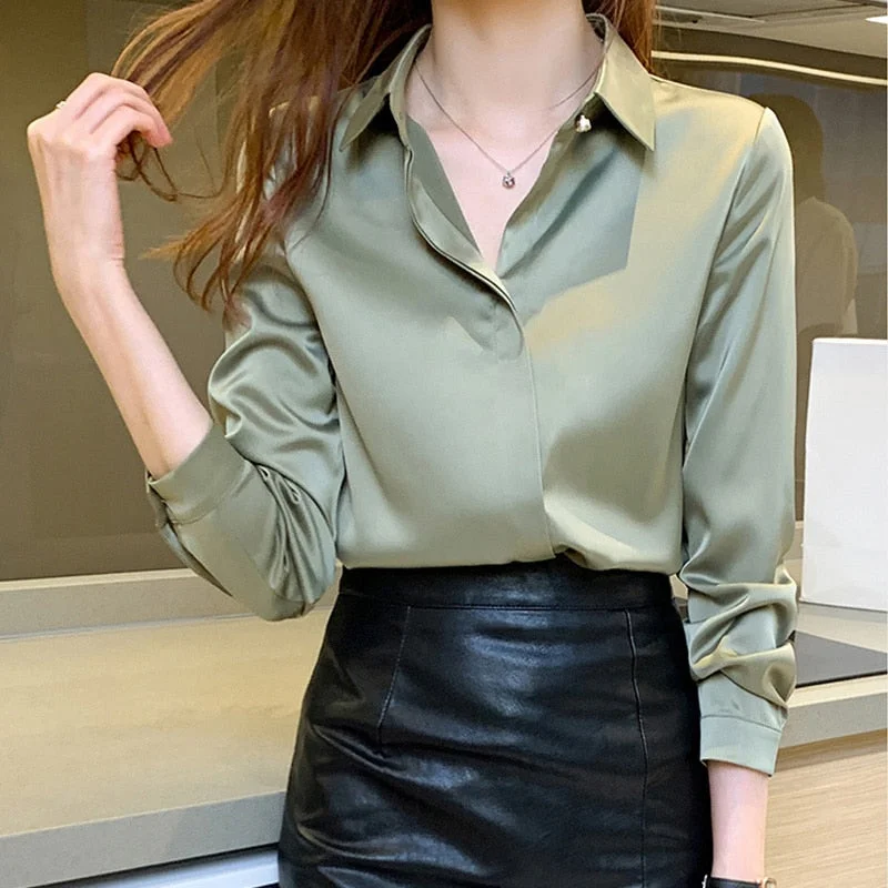 Office Lady Solid Silk Shirt Blouse Tops Long Sleeve Shirts Blouses for Women Silk Shirts Women Satin Clothing Plus Size 17276