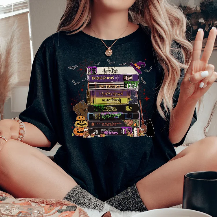 Retro Halloween VHS Tape Shirt, Spooky Movie Night Graphic Tee, Vintage Horror Film Stack T-shirt, 90s Halloween Movie Lover Sweatshirt