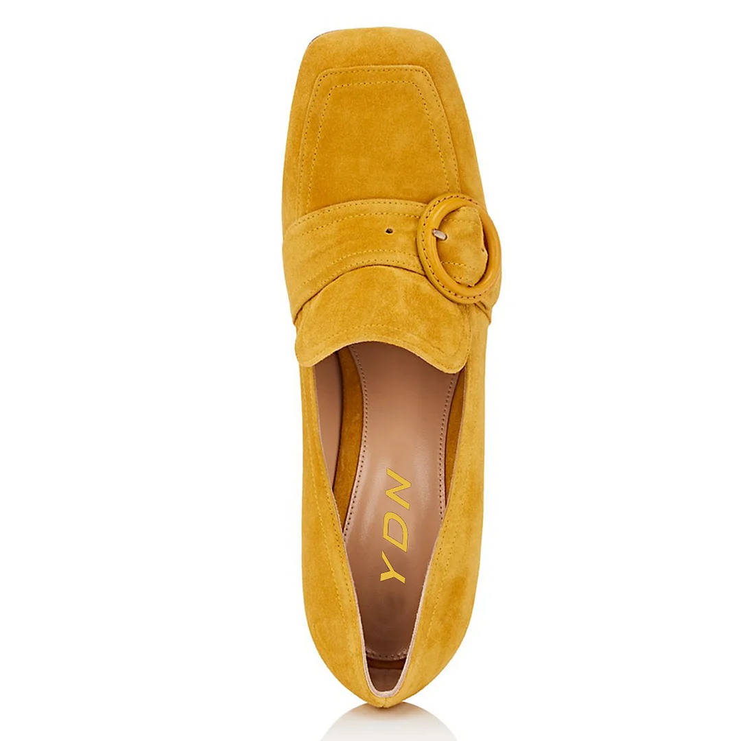 Women's Faux Suede Buckle Inlay Block Heel Loafers in Yellow