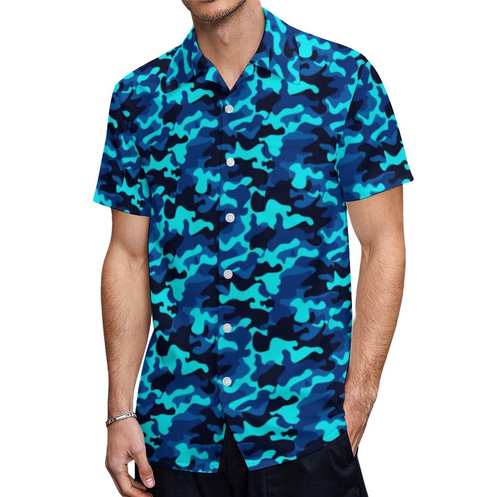 Blue Tones With Neon Baby Blue Camouflage Hawaiian Shirt Mens Button Down Tropical Hawaii Beach Shirts