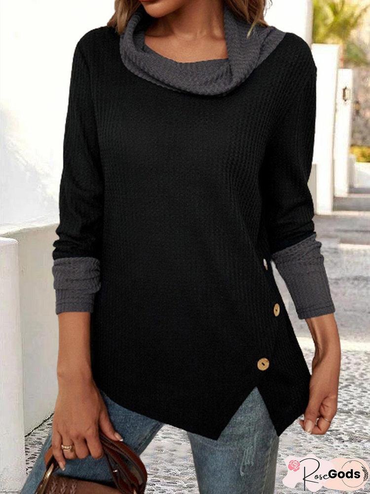 Casual Cowl Neck Button Detail Asymmetrical Hem Tee