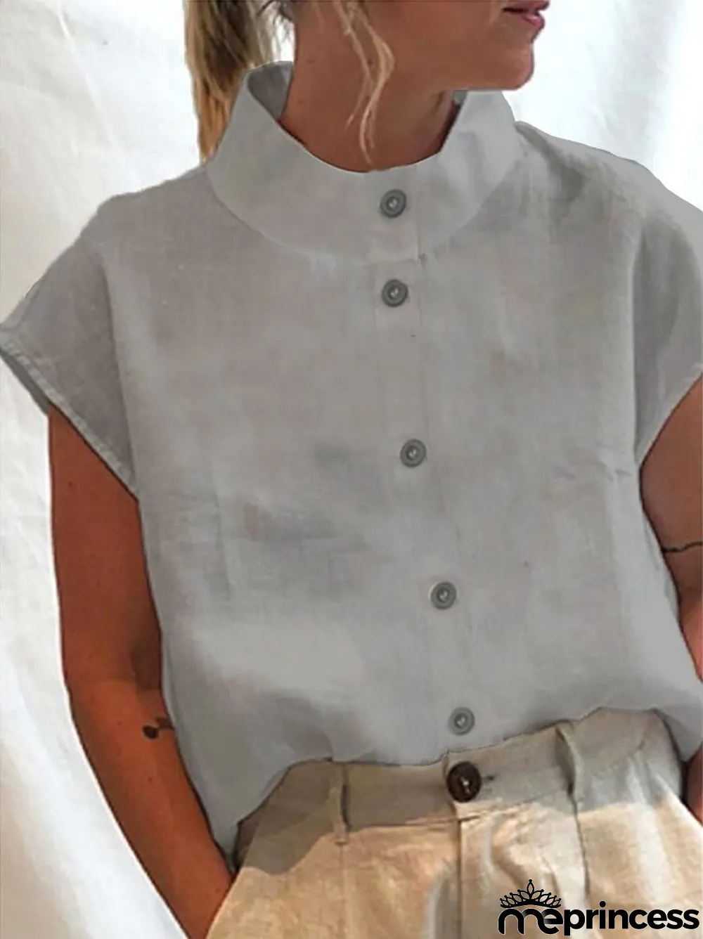 Solid Color Half Turtleneck Button Down Casual Shirt