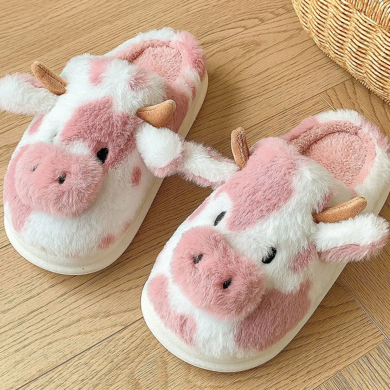Eliteofferclub Winter Warm Cartoon Cow Slippers Indoor Outdoor Slippers for Women Non-slip Home Cotton Shoes Women Thick Sole Plush Slippers