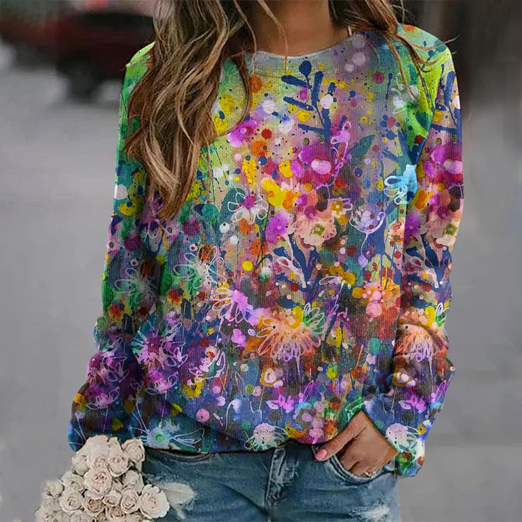 Oil Painting Flower Print Round Neck Casual T-Shirt